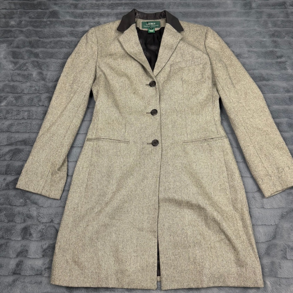 Lauren Ralph Lauren Wool Herringbone Coat Leather Collar Tan Cream Size 6